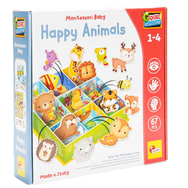 Lisciani Montessori Baby Box – Happy Animals – Juego Táctil De Clasificación Con 57 Figuras De Animales – Para Bebés De 1 Año En Adelante