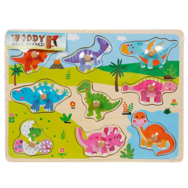 Woody Ahşap Sevimli Dinozorlar Tutmalı Puzzle 9 Parça
