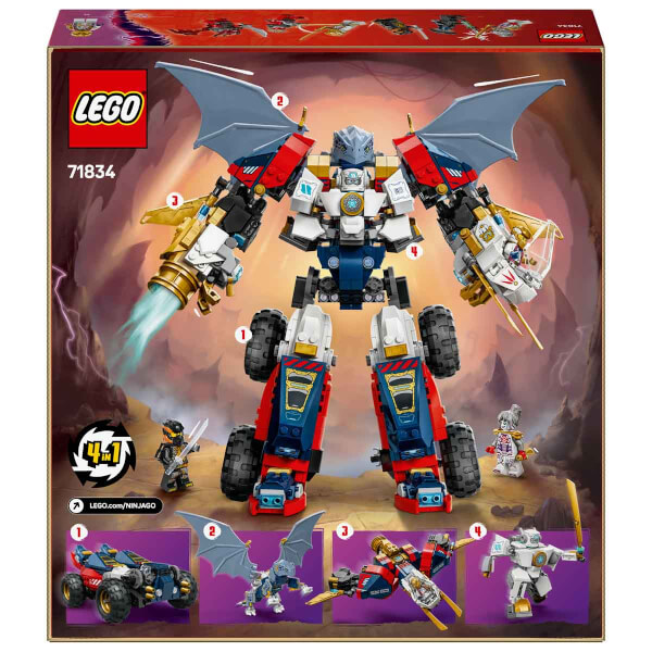 LEGO NINJAGO Zane’in Ultra Kombo Mech’i 71834 - 9 Yaş ve Üzeri Çocuklar için Araba, Jet ve Ejderha İçeren 4’ü 1 Arada Yaratıcı Oyuncak Yapım Seti (1187 Parça)