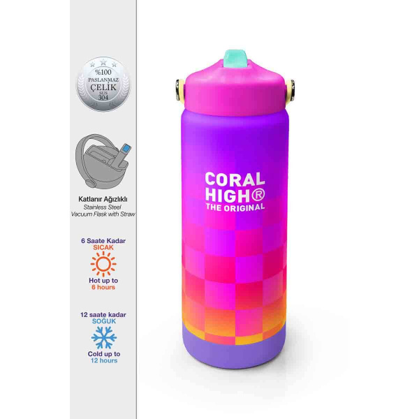 Coral High Neon Renkli Dama Desenli Çelik Termos Matara 650 Ml 38303