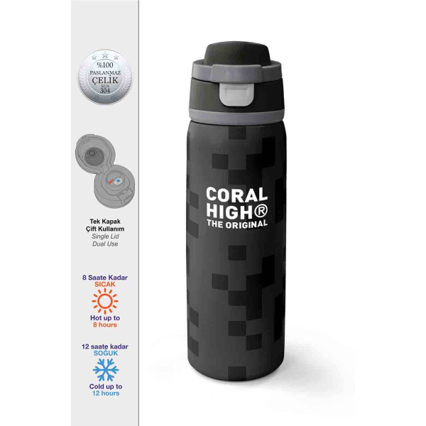 Coral High Blok Desenli Siyah Çelik Termos Matara 800 ml 38554