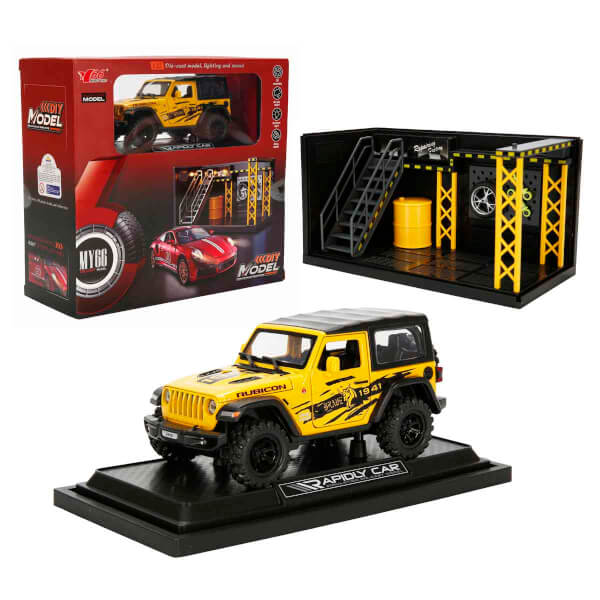 1:32 Sesli ve Işıklı Jeep Wrangler Rubicon Die Cast Çek Bırak Model Araba ve Tamir Atölyesi Seti  - Sarı