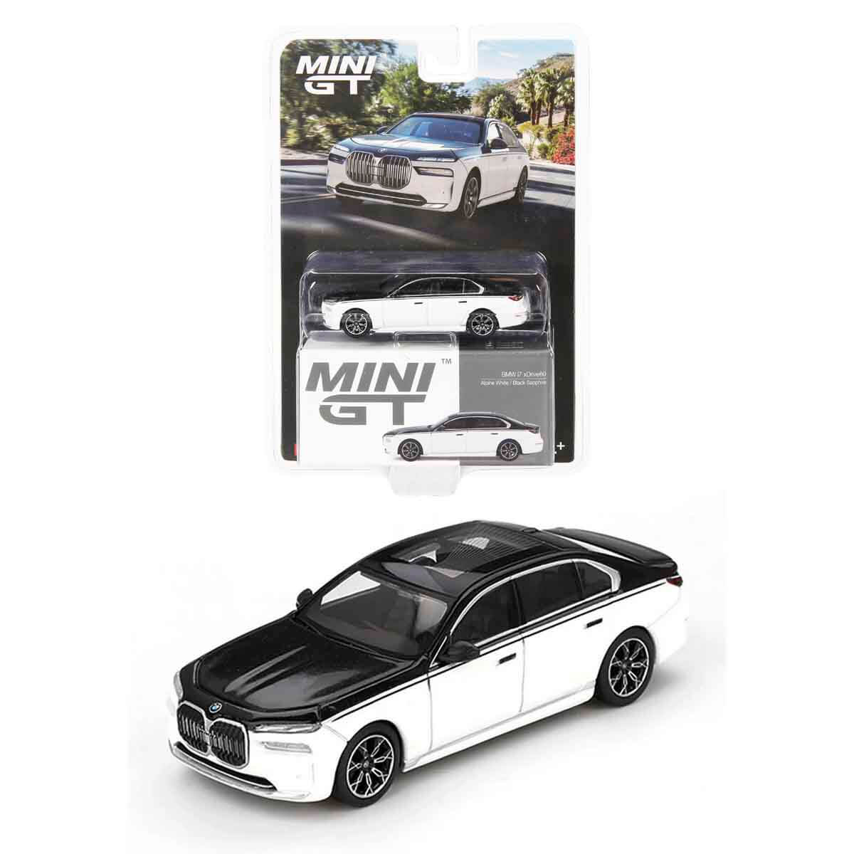 1:64 Mini GT BMW i7 xDrive60 Alpine White / Black Sapphire Diecast