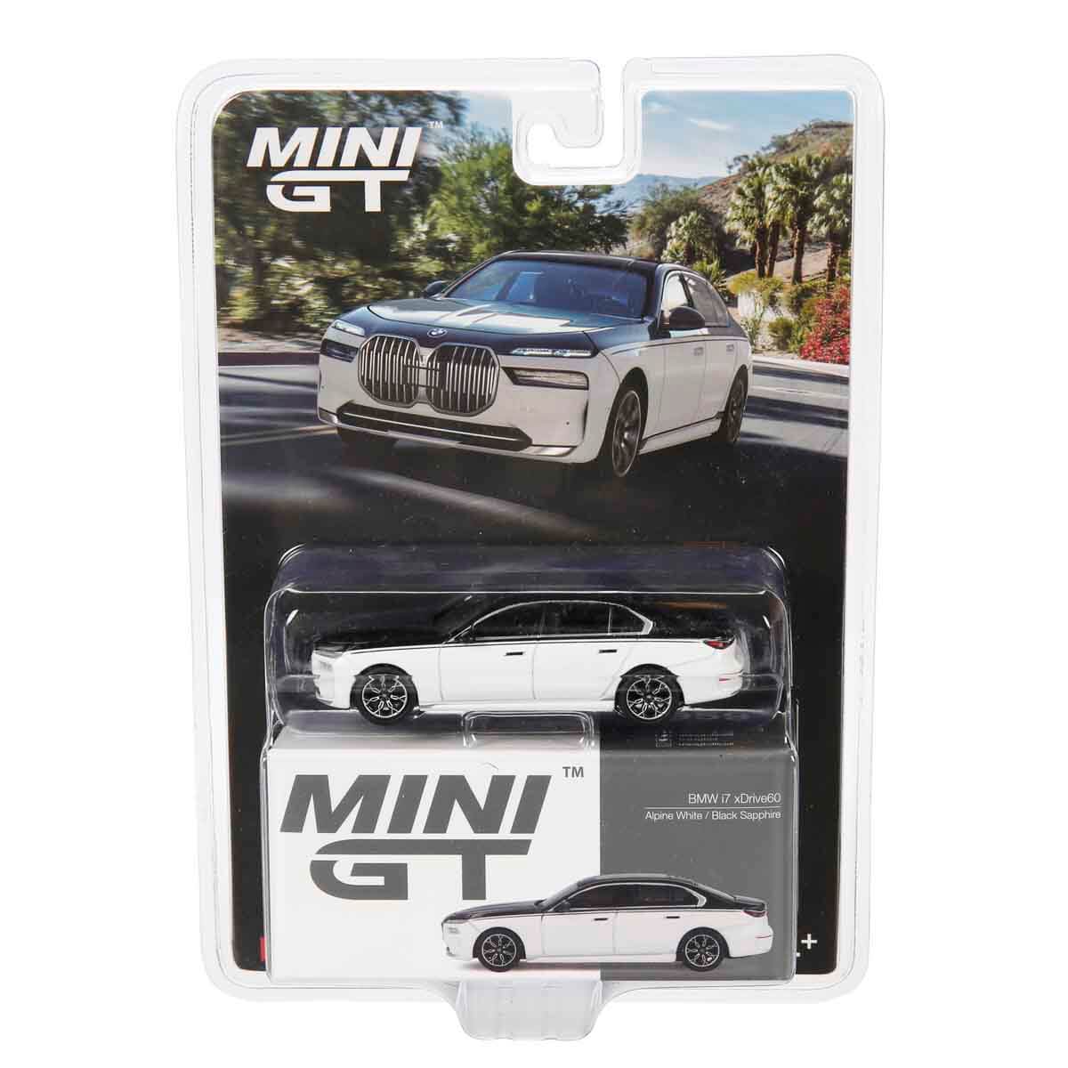 1:64 Mini GT BMW i7 xDrive60 Alpine White / Black Sapphire Diecast