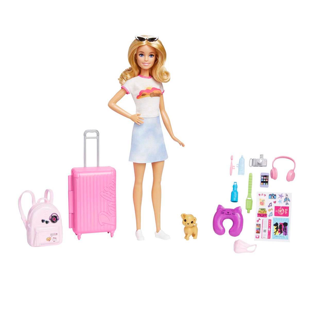 Barbie TRAVEL と衣装セット Barbie Seyahatte Bebeği ve Aksesuarları FWV25 - Tişört Etekli