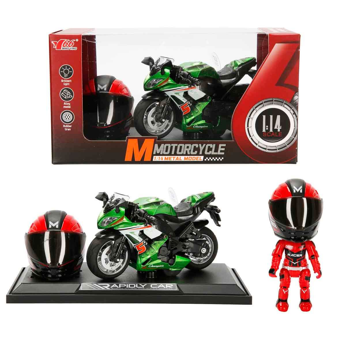1:14 Sesli ve Işıklı Die Cast Çek Bırak Yarış Motosikleti - Yeşil